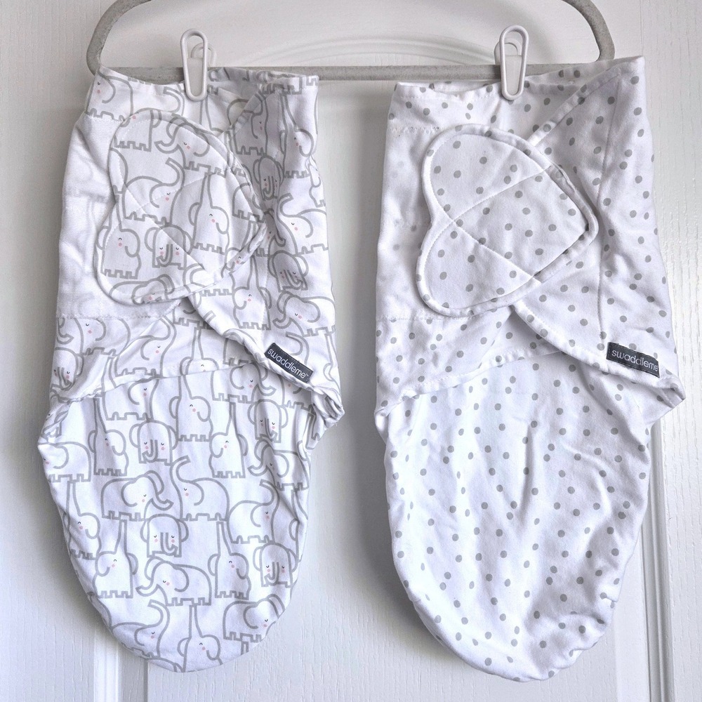 SwaddleMe by Ingenuity 2pk Adj Swaddle Wraps 0-3M White Gray Elephant Polka Dot